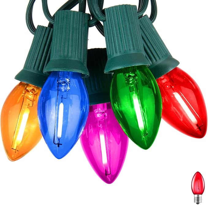 Multicolor C7 LED Christmas String Lights, 25FT C7 Vintage Christmas Lights with 26 Bulbs(1 Spare), Commercial Connectable Christmas Tree Lights for Xmas Holiday Roofline Garden Wedding Decor