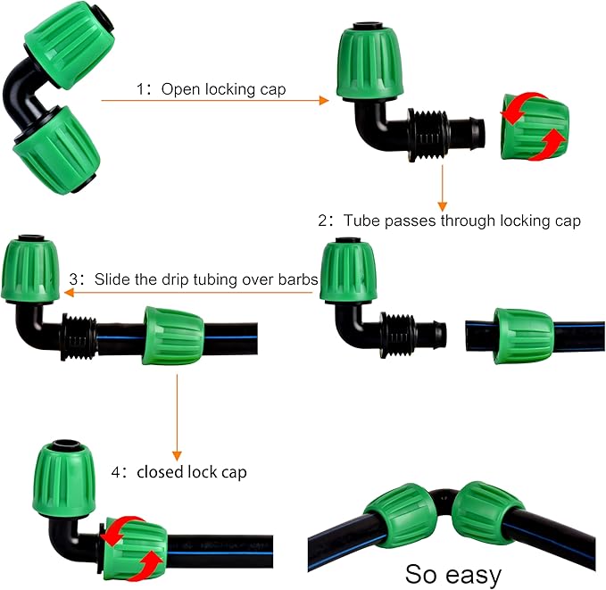 Drip Irrigation Elbow Corner 90 Fittings Connectors For 1/2 inch Irrigation Tubing, Locking Caps Barbed Fittings, Fit OD 0.60"- OD 0.65" PE Pipe For Garden Irrigation System-12 Pcs/pack