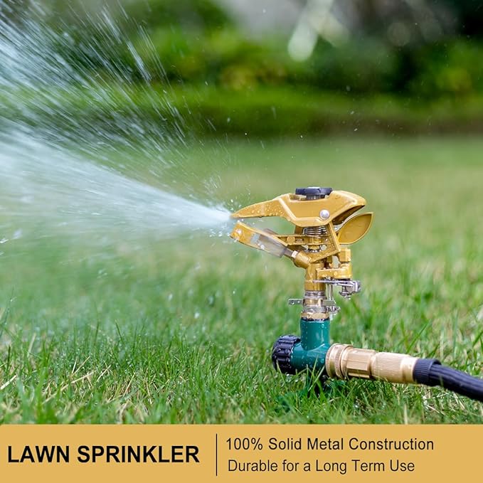 FANHAO Heavy Duty Pulsating Lawn Sprinkler on Spike Base, 100% Metal Impact Sprinkler with Adjustable Spray Pattern for Yard Lawn Irrigation, 360 Degree Large Area Coverage, Covers Up to 8500 sq. ft