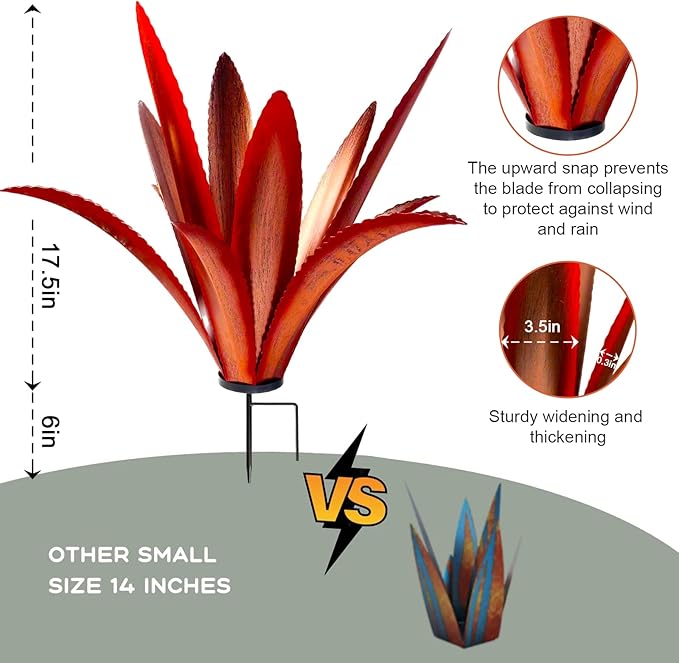 Enlarge Thickened Wind Resistant Metal Agave Garden Art Metal Plant Country Garden Sculpture Statue Outdoor Decoration Agave Metal Plant Courtyard Garden Lawn Ornament Gift (2, 12 Leaves red)