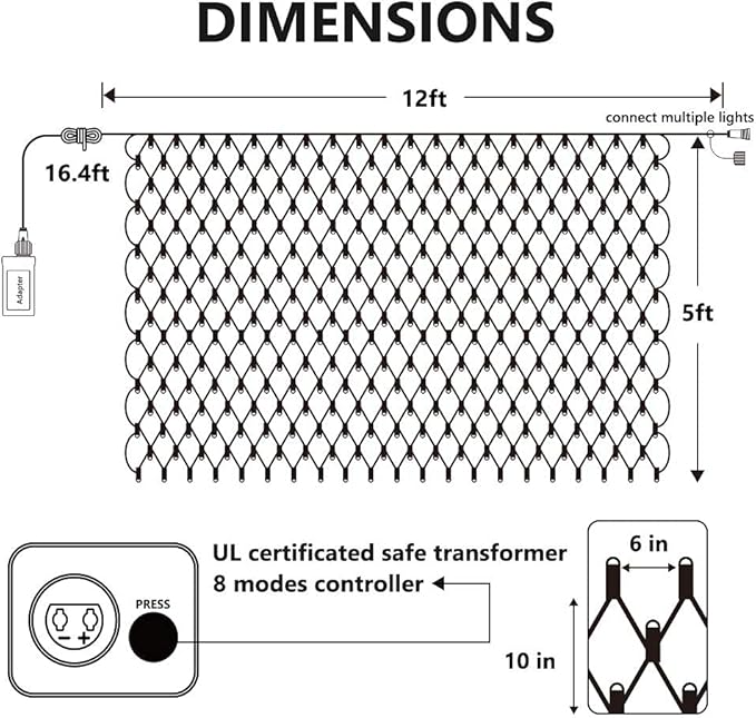 Lomotech 12ft x 5ft 360 LED Christmas Net Lights, 8 Modes Waterproof With Timer Low Voltage Connectable Mesh Lights for Trees, Bushes, Shurb, Garden, Outdoor Decoration(Green Wire, Blue)