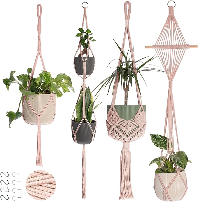 Nook Theory 4-Pack Macrame Plant Hanger - with 8 Ceiling Hooks - Hanging Planter Indoor Outdoor - Hanging Plant Holder - Decorative Bohemian Plant Hangers - Hanging Plants (Pearl)
