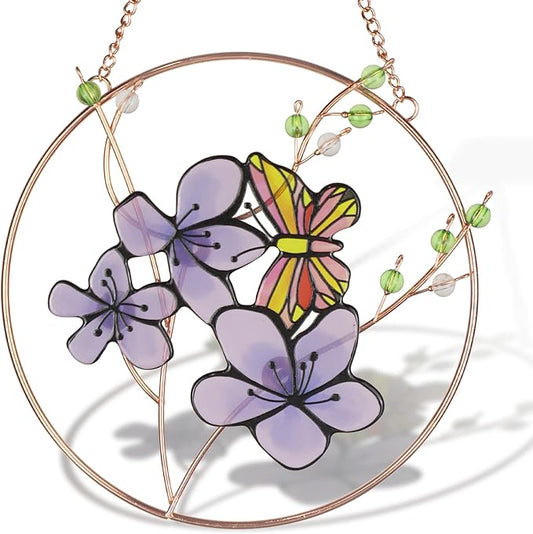Suncatcher Stained Glass Window Hanging,DASTOLL Floral Butterfly Design Beautiful Suncatchers for Windows,Elegant Sun Catchers for Indoor Window Decor Beautiful Gifts for Butterfly Lovers