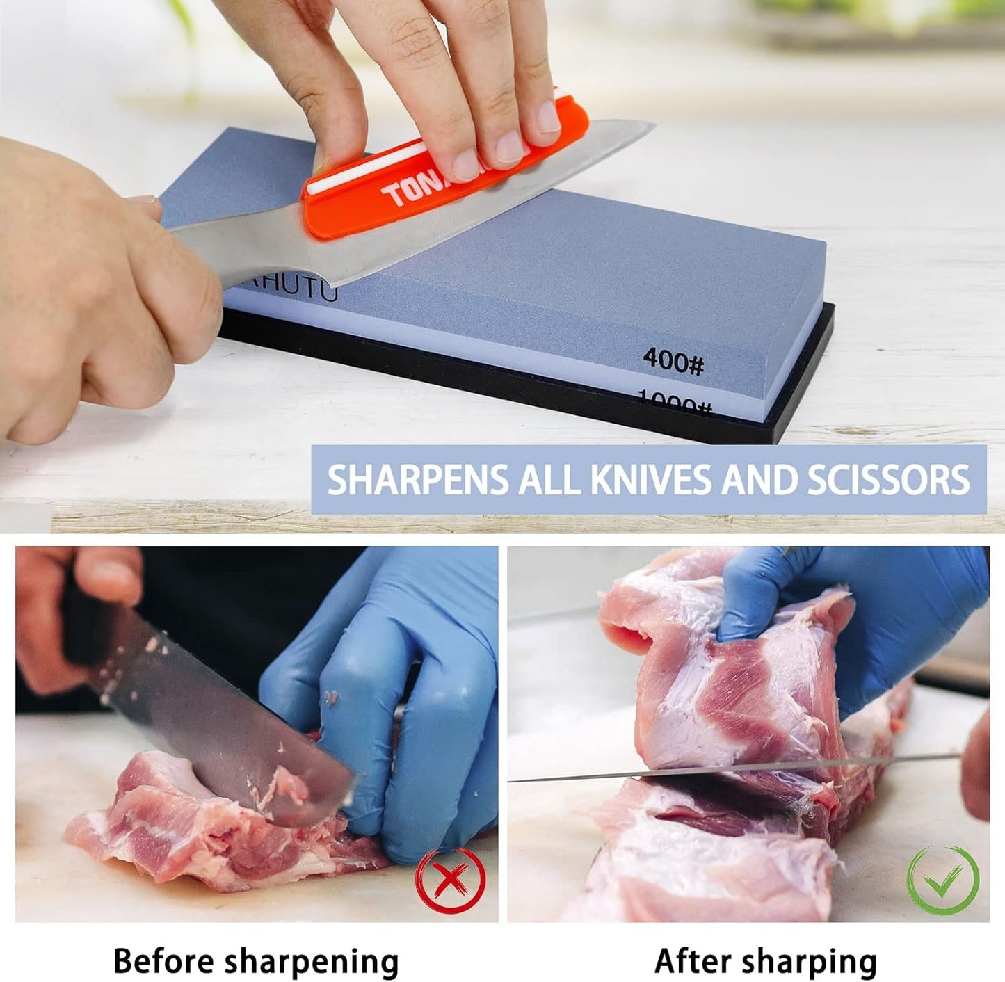 Knife Sharpening Stone Set, Professional 4 Side Grit 400/1000 3000/8000 Premium Whetstone Knife Sharpener with 150/320 Flattening Stones, Leather Strop, Polishing Combination & Angle Guide