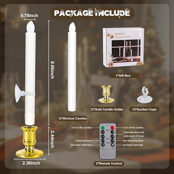 12 Pack Christmas Window Candles, Battery Operated Window Candles with Timer Remote, Candle Holder Suction Cup for Christmas Decorations, Gold
