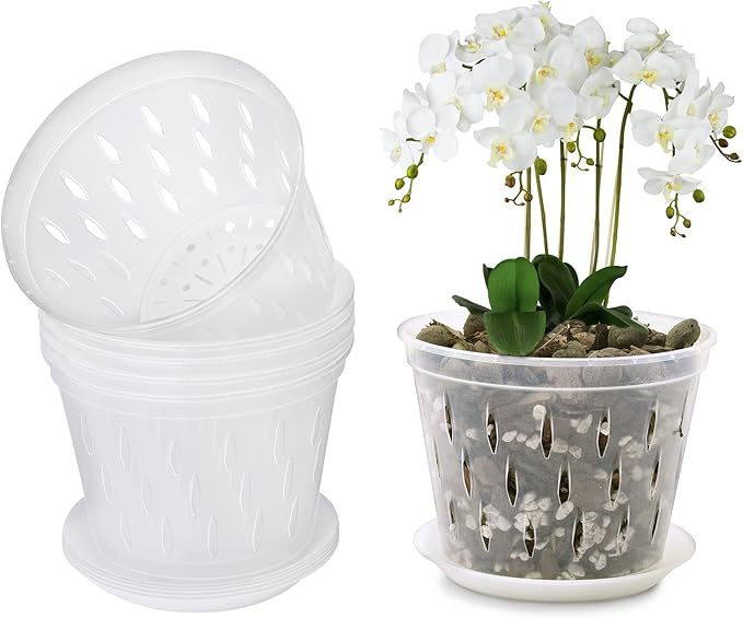 6 Pack 5 Inch Clear Orchid Pots with Holes and Saucers Orchid Pot for Plant and Repotting