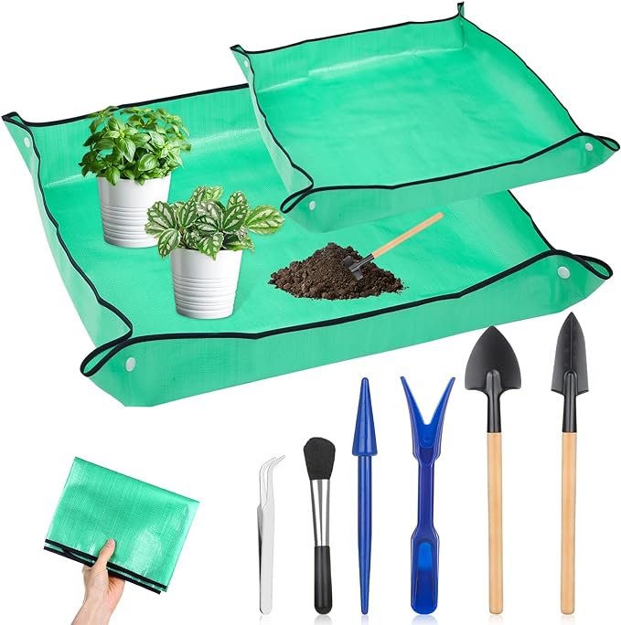 Plant Repotting Mat for Garden, 2 Pcs Waterproof Potting Mat Foldable Indoor Plant Mat Portable Square Gardening Mat Potting Tray with 6 Pcs Mini Garden Tools Set for Plant Lovers Gardening Gifts