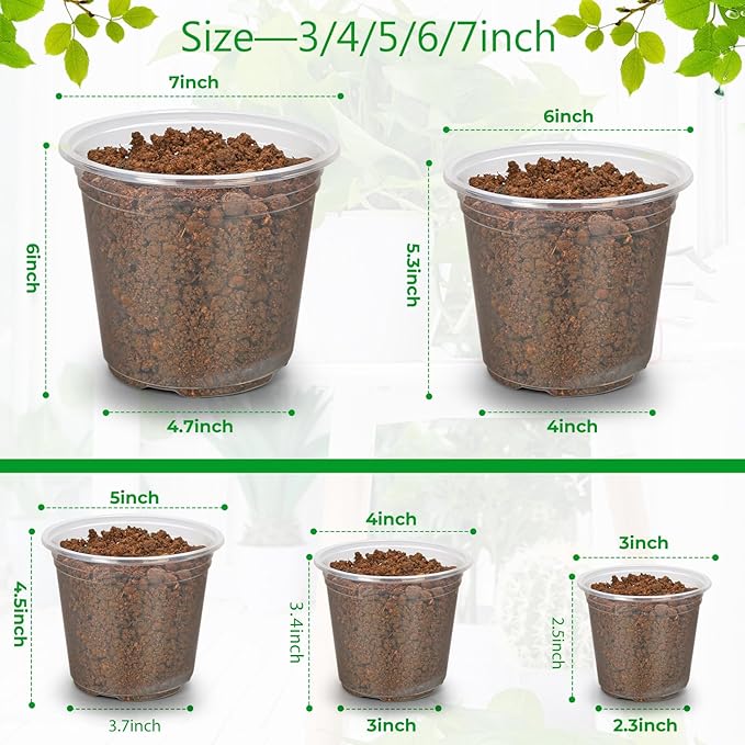50 Pack 3/4/5/6/7 Inch Clear Plastic Nursery Pots for Succulents, Herbs, Flowers, Vegetable Seedlings, Durable Nursery Pots for Plants with Drainage Holes (3+4+5+6+7 inch)