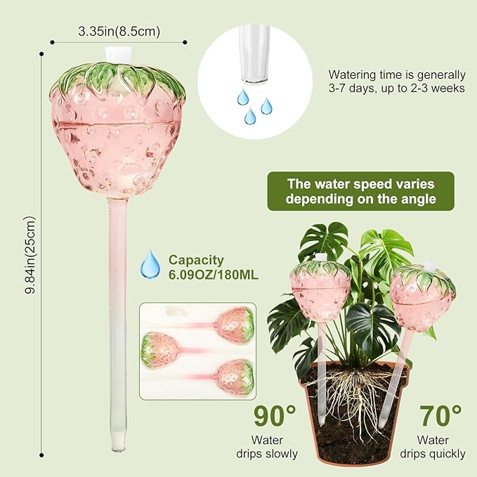 3 Packs Strawberry Plant Watering Globes, Large Water Globes for Indoor Plants, Glass Self Watering Planter Insert, Top-Fill Watering Bulbs for Indoor Outdoor Plants