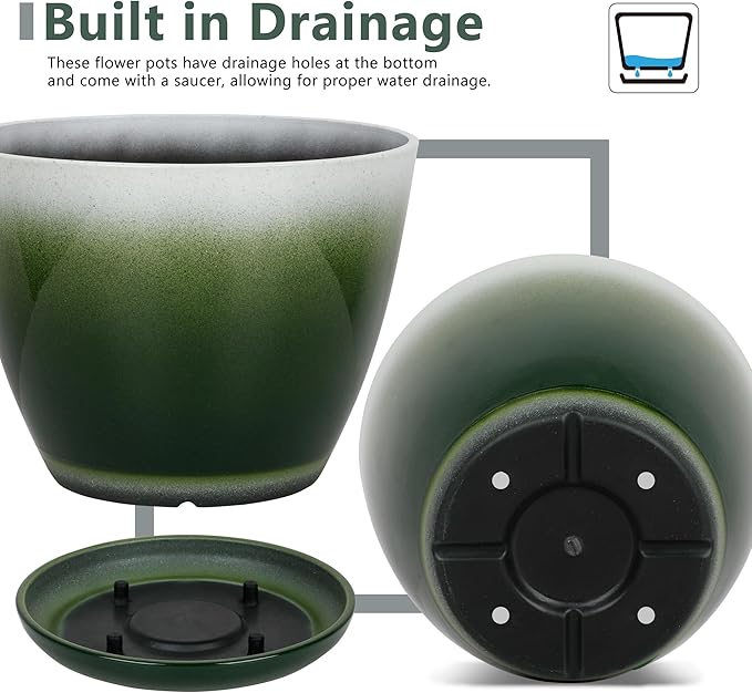 Worth Garden Plastic Round 8" Planters for Indoor Plants - Set of 6 Multicolor Small Gloss Flower Pots with Drainage Holes and Saucers - Home Decorative Christmas Containers