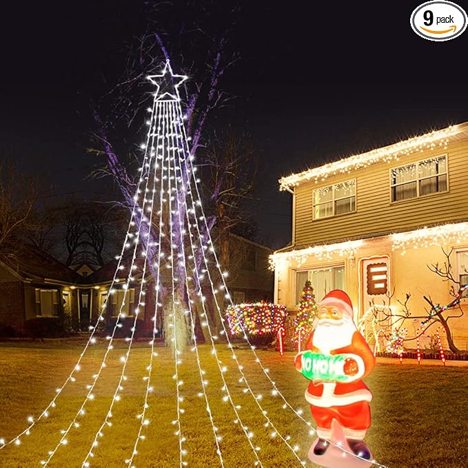 Christmas Decorations Star String Lights, 320 LED Waterfall Tree Lights with 13" Topper Star 8 Lighting Modes Indoor Outdoor Decorative for New Year, Holiday, Wedding, Party