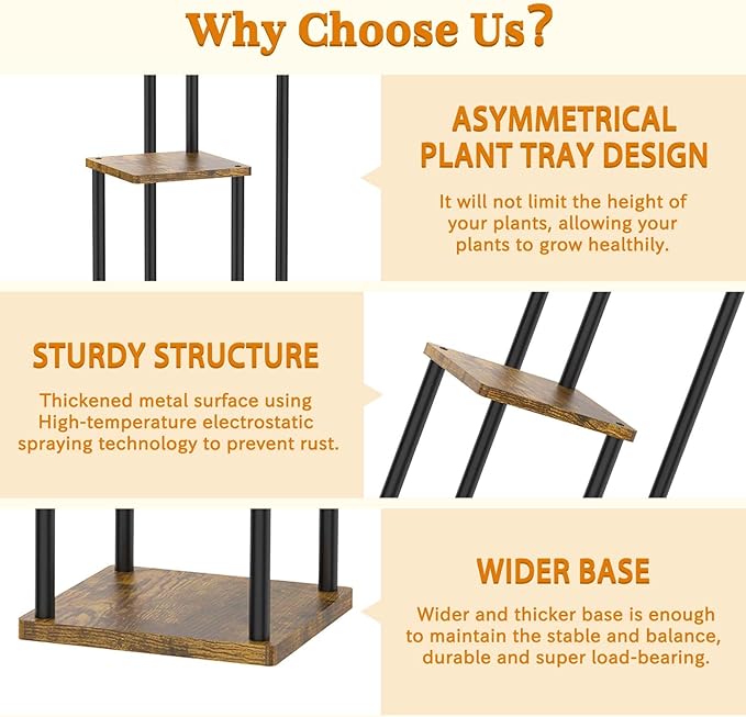 3 Tier Plant Stands Indoor, Metal Wood Tiered Corner Plant Stand Pot Holder, Wood Flower Shelf Display Rack for Living Room Bedroom Outdoor Balcony Garden Patio, Black