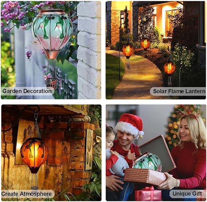 2PC Hot Air Balloon Solar Lantern with 2PC Shepherd Hook, Flickering Flame Hanging Solar Lanterns Outdoor Lights Waterproof Lanterns Decorative Garden Patio Yard Party Decor (Hummingbirds)