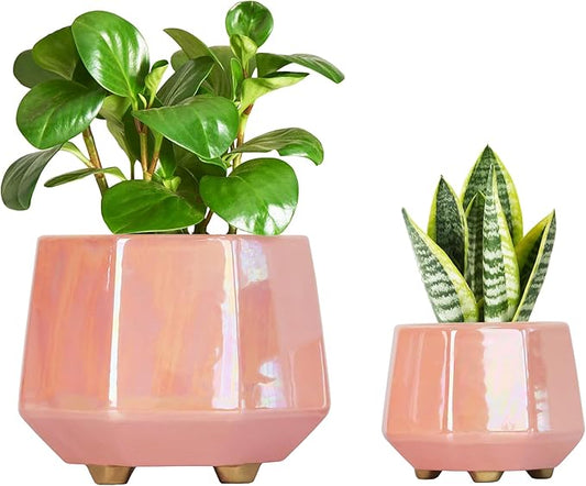 6 Inch + 4 Inch Ceramic Planter for Indoor Plants - Plant Pots with Drainage Hole - Modern Minimalist Flower Pot for Succulents and Herbs, Pink
