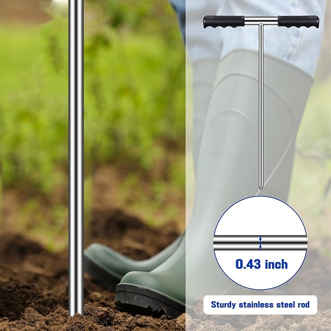 Kanayu Soil Probe Rod, 32-48 Inch Stainless Steel Septic Tank Locator Tool Adjustable Ground Rod with T Handle for Locating Underground Pipes and Gopher Runs, Gardening(48 Inch,Silver)