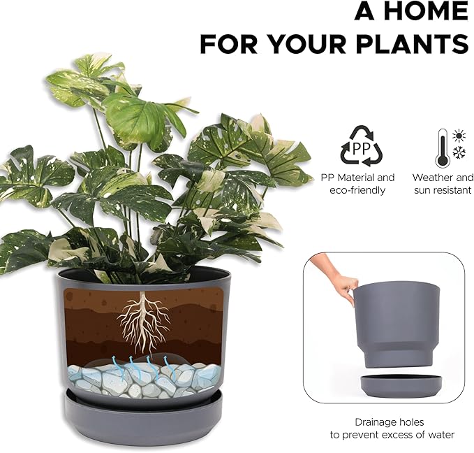 Elly Décor 8 inch Plastic Cylinder Planter Pot with Self-Watering Saucer and Drainage Hole,Lightweight & Extremely Durable, 8"x 8", Gray