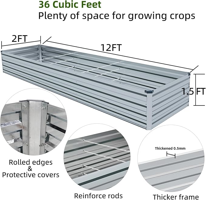12x2x1.5FT Galvanized Raised Garden Beds Kit Large Outdoor Metal Gardening Planter Box for Vegetable Elevated Flower Herbs, Silver