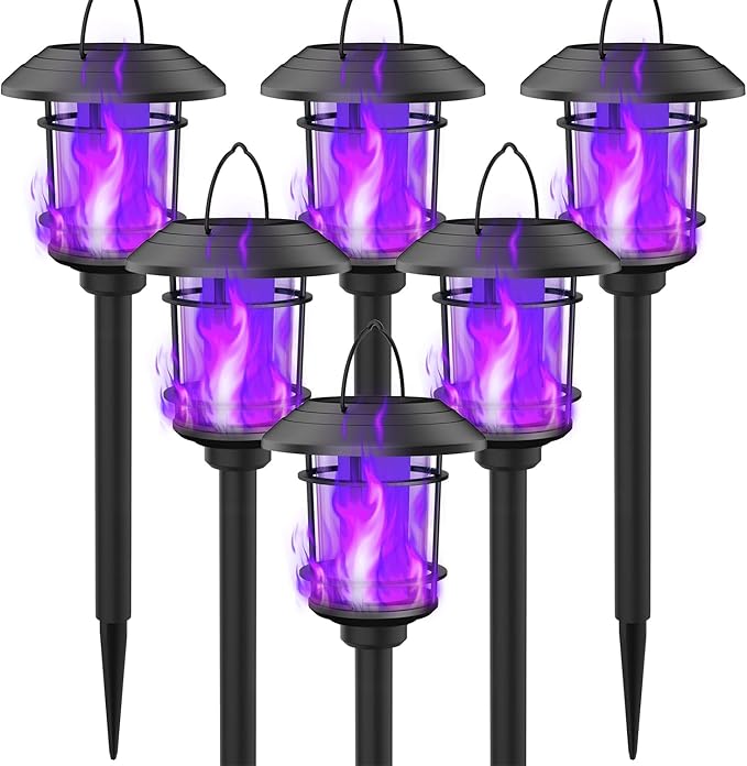 Dynaming 6 Pack Solar Flame Torch Lights Outdoor, Dual Use Flickering Purple Flame Garden Light, Hanging Lantern, Auto On/Off & Waterproof Halloween Lighting for Lawn Patio Yard Walkway Driveway