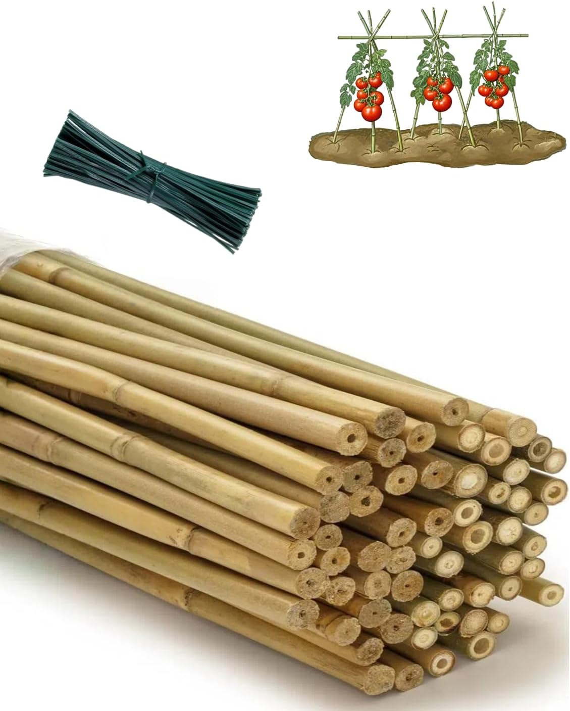 60 Pack 4 Ft Bamboo Stakes for Plant with 100 Twist Ties Bamboo Sticks Plant Support Garden Stakes Poles for Tomatoes Cucumber Grapes Pole Beans Trees Potted Dahlia Flowers