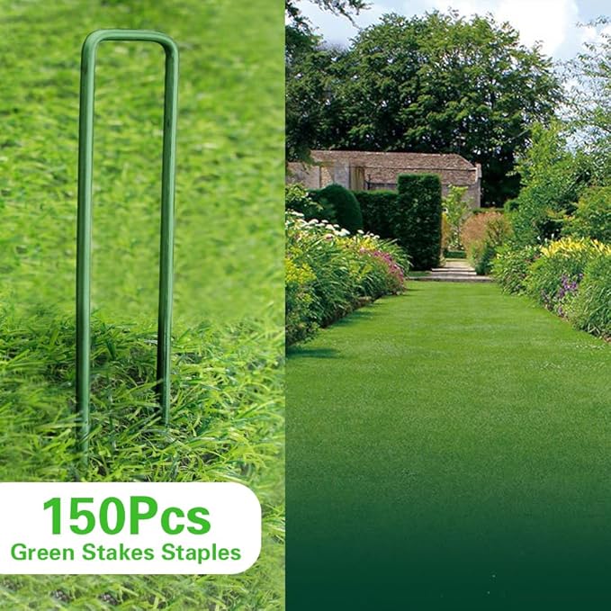 Bakulyor 150Pcs Green Landscape Staples 6 Inch Garden Artificial Turf Stakes Staples, 11 Gauge Lawn Galvanized Ground Fabric Pins for Weed Barrier Sod Decorations Holding Fence and Irrigation Tubing