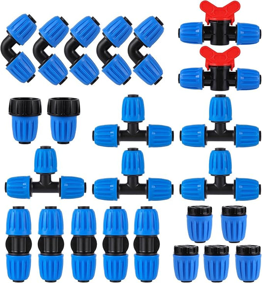24 PCS Drip Irrigation Fittings Kit Blue Lock Barbed Connectors For 1/2 Inch 16MM Tubing (OD 0.620 in.ID is 0.520. in), 5 Tees,5 Straight,2 Switch Valves,5 End Cap,5 Elbows,2 Adapter