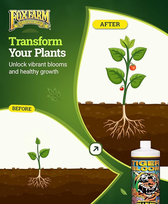 FoxFarm Tiger Bloom Liquid Fertilizer Concentrate - Fast Acting Formula for Vicious Growth with Phosphorus - Encourages Fruit, Flower & Bud Development, NPK 2-8-4 (Quart)