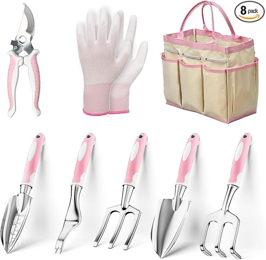 Garden Tools, 8 Piece Gardening Tools with Bag, Heavy Duty Stainless Steel Garden Tools Set, Outdoor Hand Tools, Ideal Garden Tool Kit Gifts for Women Pink.