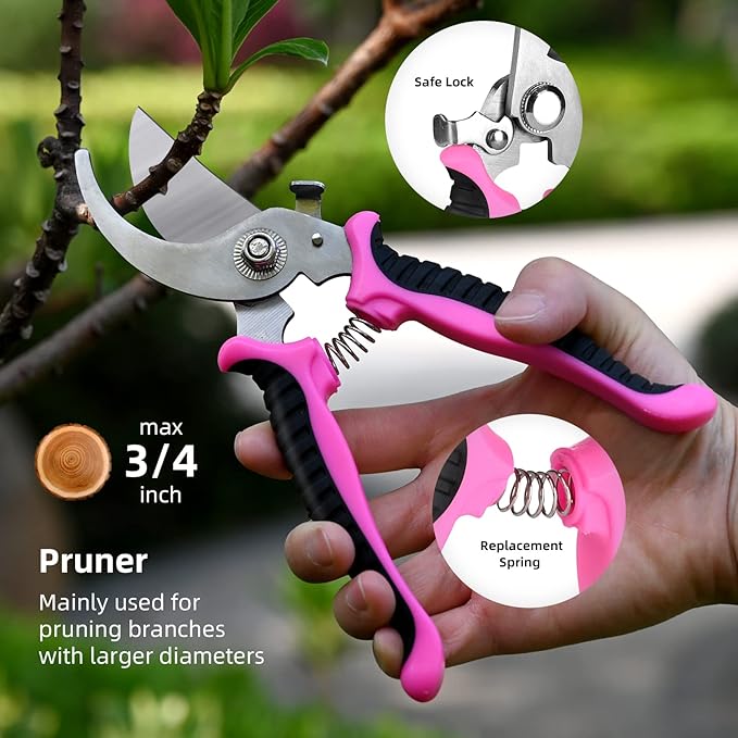 Garden Tool Set,5-Piece Aluminum Lightweight Gardening Kit with Folding Saw, Trowel, Transplanter, Hand Rake, Pink Gardening Gifts for Women,Heavy Duty Gardening Tools with Ergonomic Handle