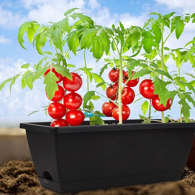 8pcs Window Box Planter,17 Inches Flower Window Boxes,Rectangle Planters Box with Drainage Holes and Trays, Plastic Vegetable Planters for Windowsill Patio Garden Home Decor Porch Yard (Black)