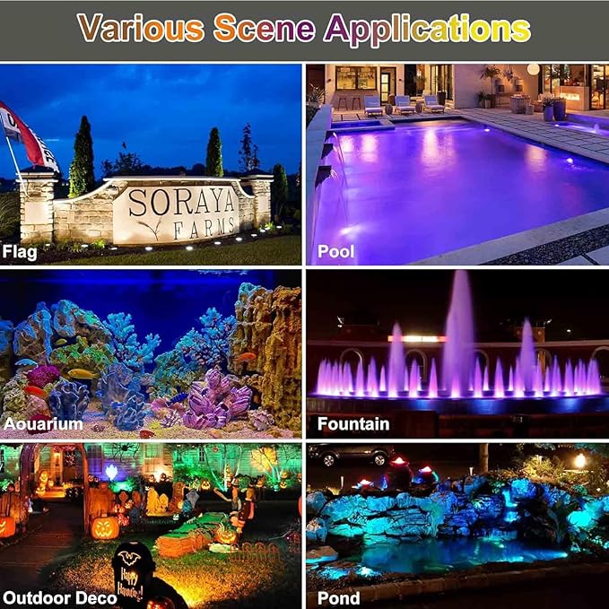 RGB Pond Lights, LED Fountain Light with Timer, Colored Underwater Fountain Lights Dim Adjustable Memory Spotlights for Outdoor Landscape Pond Fountain Waterfall, 4 in Set