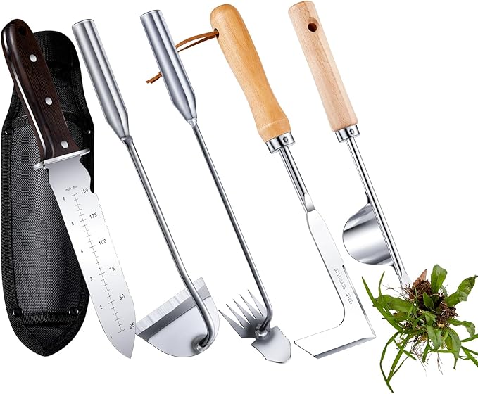 Yungyan 5 Pcs Weed Puller Set Include Hori Weeding Knife Uprooting Crack Weeder Puller Tool 5 Teeth Weeding Tool L Shape Gardening Crack Sickle Tool Hoe for Garden Lawn Grass Moss Removal Backyard