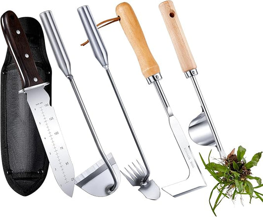 Yungyan 5 Pcs Weed Puller Set Include Hori Weeding Knife Uprooting Crack Weeder Puller Tool 5 Teeth Weeding Tool L Shape Gardening Crack Sickle Tool Hoe for Garden Lawn Grass Moss Removal Backyard