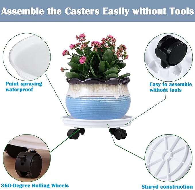 8 Packs Plant Caddy with Wheels 11.8" Plastic Rolling Plant Stands Heavy-duty Plant Dolly with Casters Indoor Outdoor Wheeled Plant Roller Base Large Planter Saucers Plant Mover