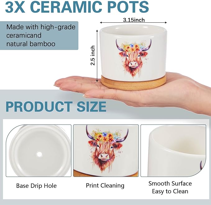 3 Pcs Highland Cow Decor Gift for Christmas Women Planter Ceramic Gift Animal Plant Pot with Bamboo Tray for Office Home Farm House Bathroom Kitchen Decorations (No Plants Included)