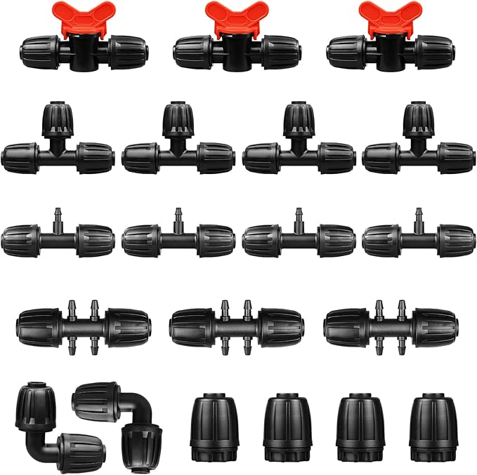 Drip Irrigation Fittings Kit for 1/2 Inch Tubing, 20 Pcs Set 1/2'' Drip Line Anti-Drop Barbed Locked Nut Connectors - 4 Tees,3 Valves,4 Reducing Tee,3 Reducing Tee 6 Way Connectors,4 End Caps,2 Elbows