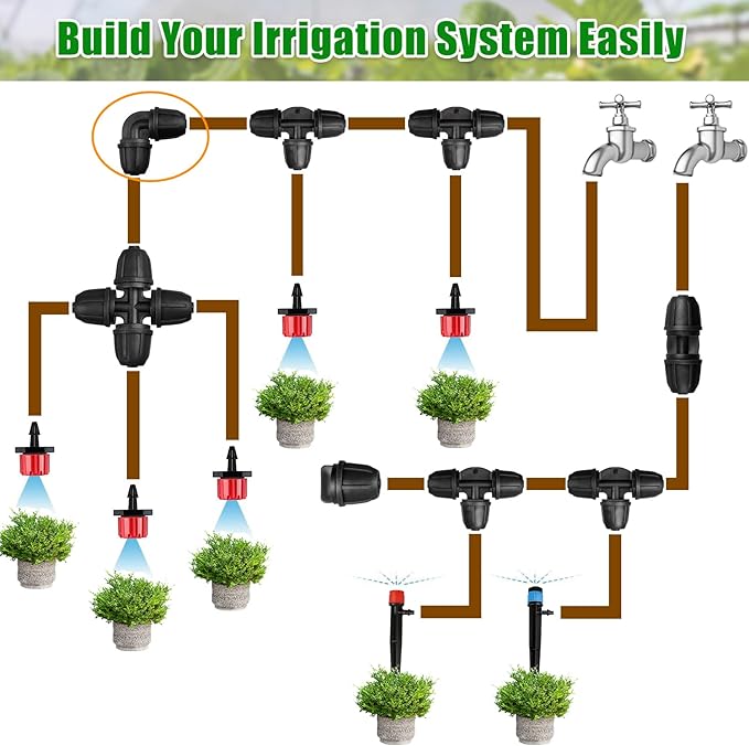 JAYEE Drip Irrigation Fittings 1/4 Inch, 25 Pcs Barbed Locked Elbows for 1/4 In Tubing, Drip Line Parts Irrigation Connectors with Lock Nut for Drip Sprinkler Garden Lawn Watering Systems, Black