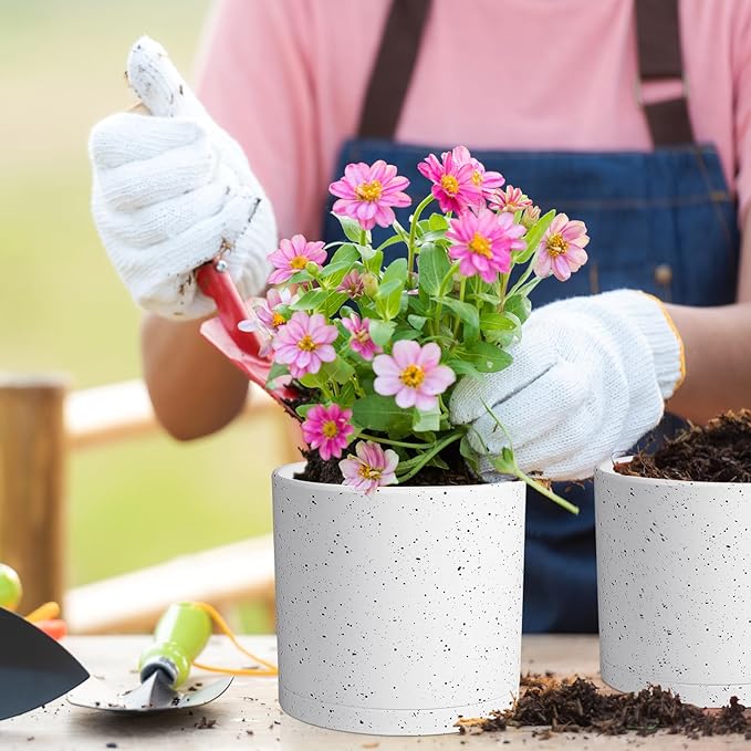 12/10/8 inch Large Plant Pots, 3 Pack Cylinder Deep Flower Pots for Outdoor Indoor Plants, Tall Plastic Planters with Drainage Holes and Saucers for Garden House Plants, Speckled White