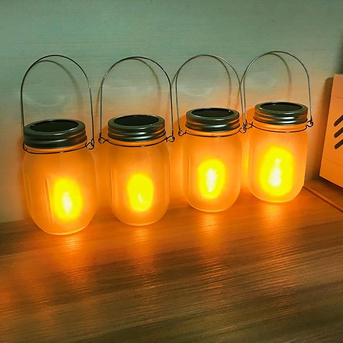 Solar Mason Jar Flicker Lights Upgraded, 4 Pack Flickering Torches Lights Outdoor Hanging Lanterns Landscape Decoration Lighting Dusk to Dawn Auto On/Off Security Halloween Torch Lights