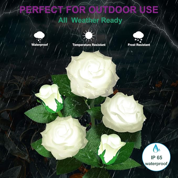 Solar Flower Lights Outdoor - Upgraded New Material Two Modes Realistic LED Solar Powered Waterproof Lights with 5 Roses, Solar Decorative Stake Lights for Garden (White, 1 Pack)