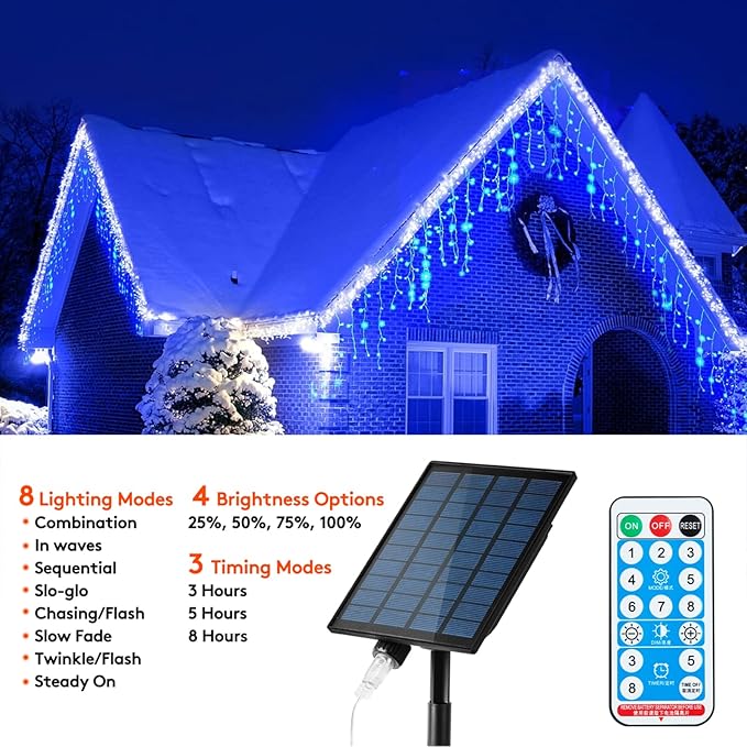 Solar Christmas Lights Outdoor Waterproof Christmas Decorations Curtain Lights 320LED 29.5ft 60 Drops, Solar Powered Rechargeable Fairy Lights for Party, Wedding, Home Decorations(Blue)
