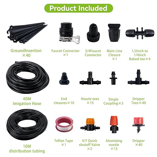Drip Irrigation System Kit - 132FT/40M + 33FT/10M Hose, DIY Automatic Water Saving, Garden Watering System with 4/7mm and 8/11mm Tubing - Ideal for Gardens, Greenhouses, Lawns, and Patios