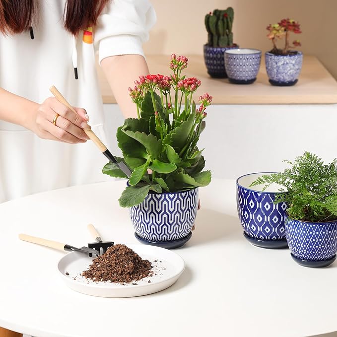 Selamica Ceramic Plant Pots, 4.6 Inch Flower Pots for Indoor Plants, Succulent Pots with Drainage Hole & Saucer, Succulent Planters for Succulent Cactus, Home Decor, Set of 4, Vintage Blue