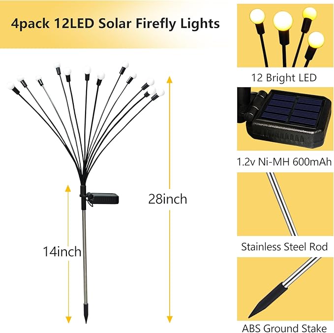 Solar Garden Lights Outdoor, 4 Pack 40 LED Solar Firefly Lights Waterproof, Sway by Wind, Solar Swaying Light for Yard Patio Backyard Garden Planter Flower Bed Pathway Outdoor Decoration (Warm White)