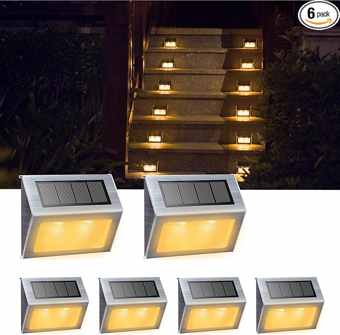 XLUX Solar Lights for Steps Decks Pathway Yard Stairs Fences, LED lamp, Outdoor Waterproof, Warm Light, 6 Pack