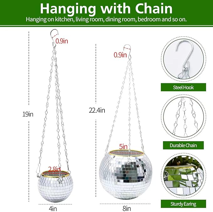 Disco Ball Planter, 8"+2×4" Planter, Silver Planter, Disco Ball Plant Hanger with Hanging Rope, Hanging Chain, Hook, Circle and Extra Mirror Pieces (8"+2×4" Silver)