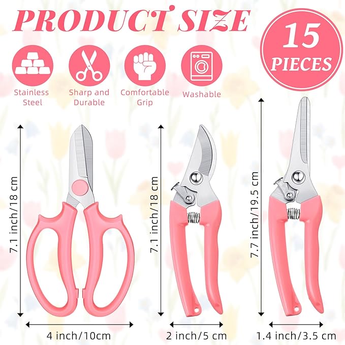 WILLBOND 15 Pcs Garden Floral Plant Scissors Stainless Steel Flower Shears, Handheld Sharp Scissors with Grip Handles, Straight Blade Clippers Tree Branch Cutter for Fall Gardening Tool
