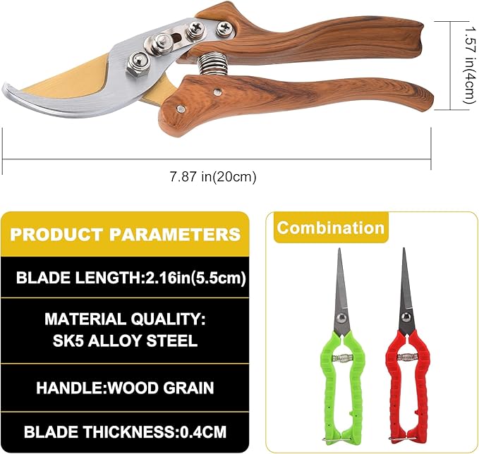 Garden Pruning Shears Set - 2 Pack, 1 Bypass Pruner+1 Straight Blade Scissors, Garden Clippers, Sharp Garden Shears for Cutting Flowers, Trimming Plants, Bonsai, Fruits Picking, Gardening Tools