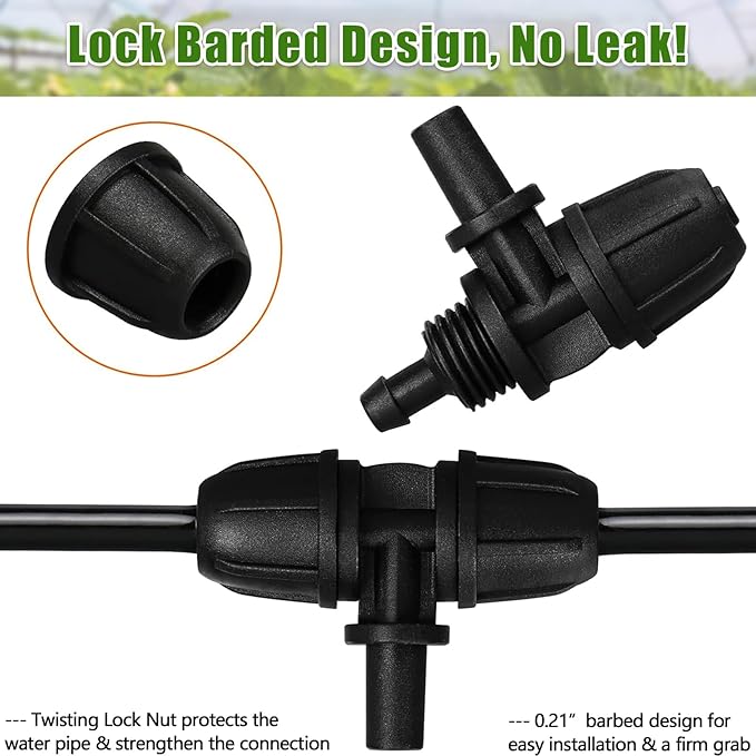 JAYEE Drip Irrigation Fittings 1/4 Inch Tubing to 6mm Flat Mouth, 25 Pcs Locked Barbed Tee Connectors for 1/4" Nozzle Spray Emitter Dripper, 3-Way Tee Drip Line Parts for Drip Sprinkler System, Black