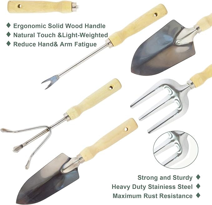 7 Piece Garden Tool Set Including Folding Stool with Tool Bag, All in ONE Gardening Tool Kit Gifts for Women & Men