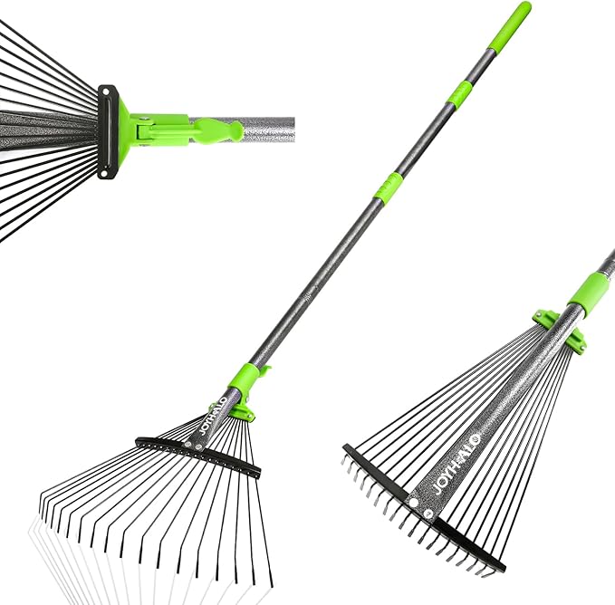 JOYHALO 63.4 inch Rake for Leaves - Adjustable, 18 Tines Metal Garden Rake with Detachable Handle, Lightweight Leaf Rakes for Gardening and Flower Bed